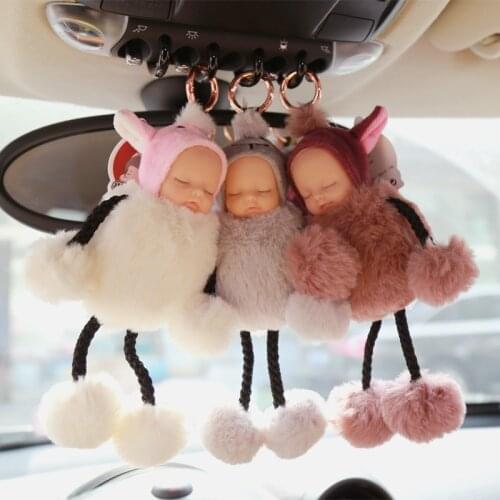 Kawaii Sleeping Baby Doll Key Chain Cute Pompom Baby Fluffy Plush Doll Women Bag Car Keyring Pendant Lovely Doll For Girls Gifts