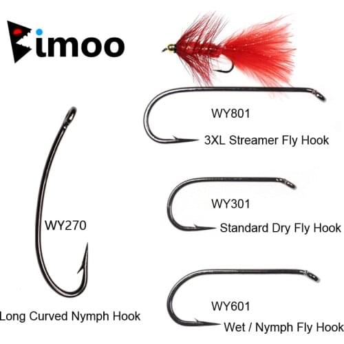 Bimoo 30pcs Black Nickel Hight Carbon Steel Barbed Fly Tying Hooks Long Nymph Streamer Dry Wet Fly Hooks for Trout Bass Fishing