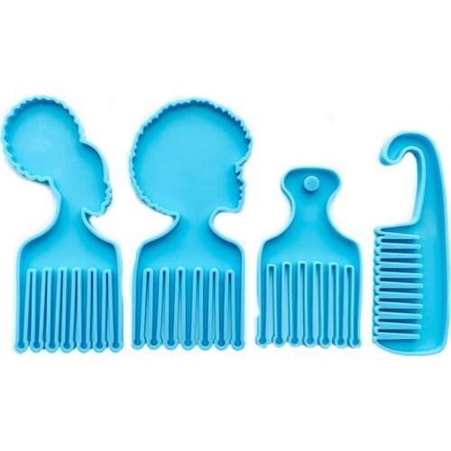 LBER 4 Pcs Blue Hair Pick Mold Comb Resin Mold Afro Comb Silicone Epoxy Casting Comb Molds for DIY Crafts Supplies