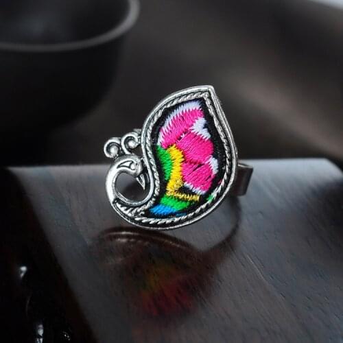 LosoDo Chinese ethnic style Rings fashion jewelry peacock Miao silver embroidery opening Adjustable Rings for women jewelry