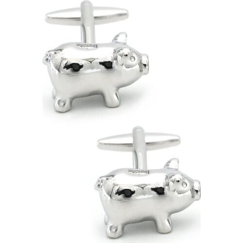 Mens Cute Piggy Bank Cufflinks Quality Brass Material Silver Color Pig Design Cuff Links Wholesale & Retail