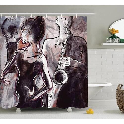 Jazz Music Shower Curtain Illustration of Jazz Man Playing The Saxophone with Dancers Classic Home Decor Curtains For Bathroom