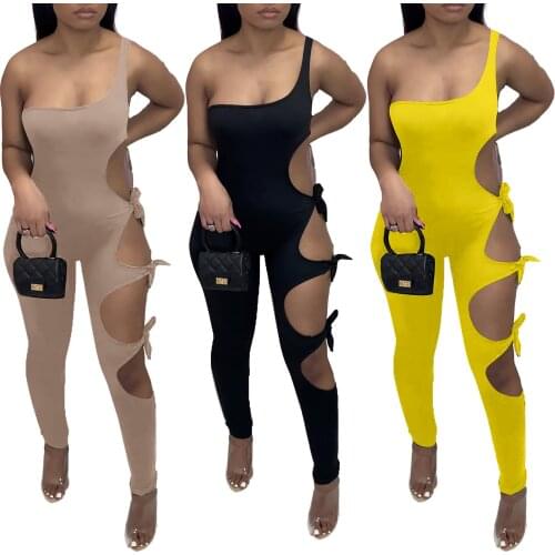 Sexy Nightclub Style Womens Clothing Fashion Casual Solid Color Hollow Sleeveless Suspenders Straps Tight Fitting Long Jumpsuit