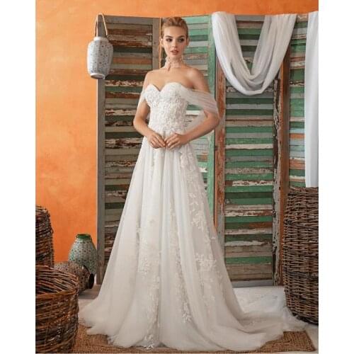 Ivory Lace Tulle Beading Floor-Length A-Line Wedding Dresses Chapel Train Sweetheart Bridal Gowns Custom Made