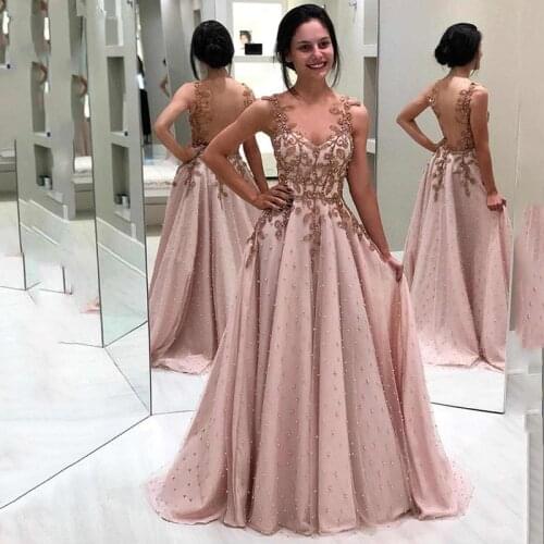 See Through Evening Dresses A-line Sweetheart Appliques Pearls Dubai Saudi Arabia Long Prom Dress Gown Robe De Soiree