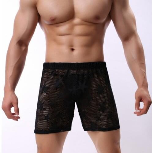 Sexy Mens See Through Middle Boxer Shorts Breathable Underwear Fetish Sexy Hollow Out Underpants Black Boxers Pants Trunks New