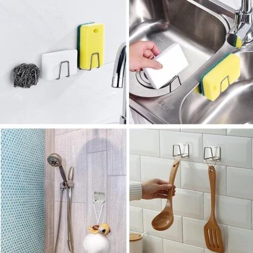 Kitchen Stainless Steel Sponges Holder Drain Drying Rack Adhesive Sink Shelf Kitchen Accessories Storage Organizer Gadgets