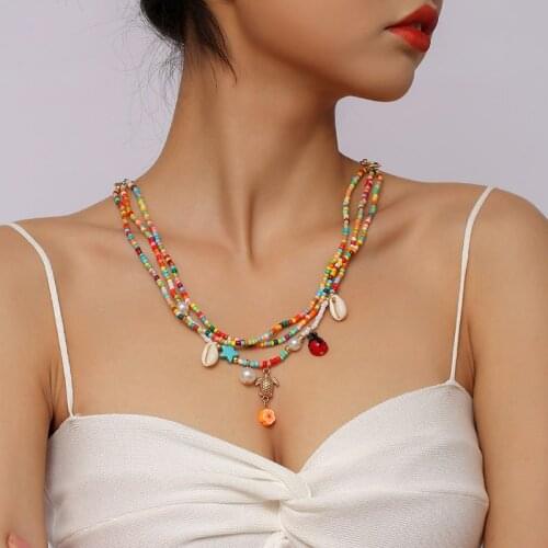 Bohemian Female Multicolor Glass Beads Multilayer Necklaces For Women Boho Pearl Natural Shell Pendants Necklaces Jewelry Gifts