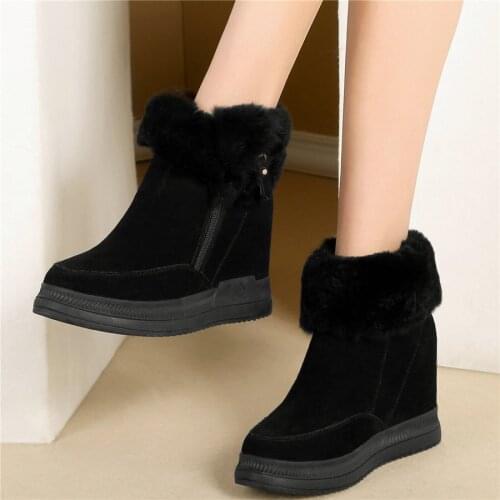 Fashion Sneakers Women Genuine Leather Wedges High Heel Pumps Shoes Female Round Toe Warm Rabbit Fur Snow Boots Winter Trainers