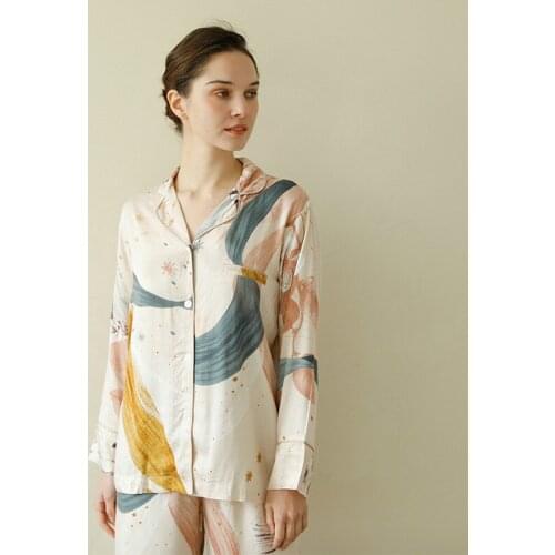 Women Summer Autumn Printed Satin Silk Pajama Set Sleepwear Long Sleeve Shirts Ankle Length Pants Two PIiece Nightwear Suit