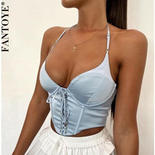 FANTOYE Satin Halter Sleeveless Bustier Corset Top Women Sexy Bandage Bodycon Crop Tops Fashion Solid Backless Zipper Tank Tops