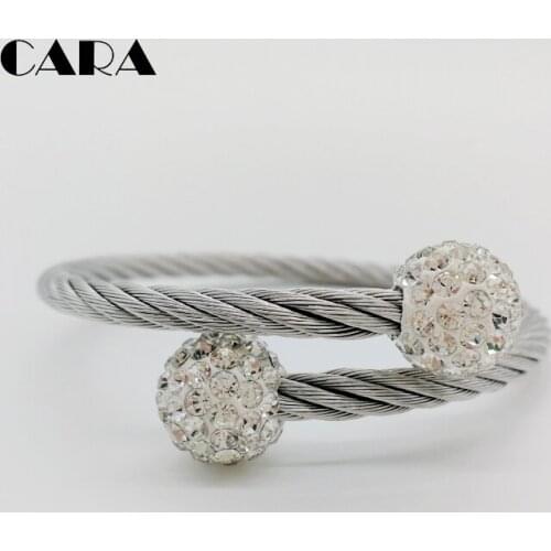 CARA Silver color 316L Stainless steel Cable bangles women fashion rhinestones beads wire bangle bracelet CARA0563