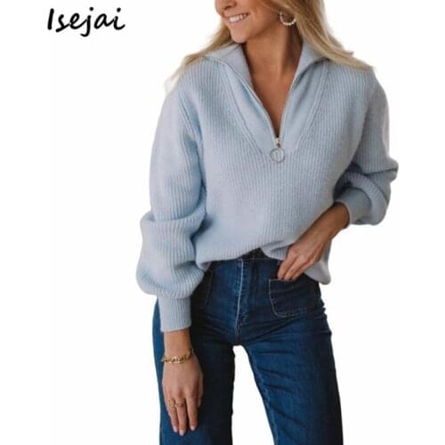 Zipper V-neck Sweater for Women Lantern Sleeve Pullovers and Sweaters Knitting Jumper