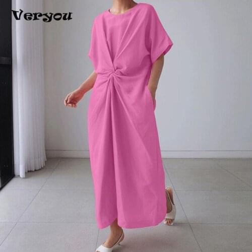 2021 Long Dress Women Summer Casual Party Dresses For Women O Neck Pocket Short Sleeve Ladies Dresses Plus Size Maxi Dress Pink