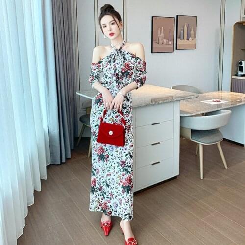 Fashion Summer French Romantic Retro Casual Sexy Strapless Halter Maxi Party Dress Ladies Elegant Coffee Break Print Beach Dress