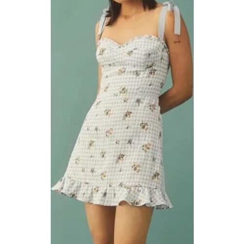 2021 Women Summer beach sexy backless Tie-string Plaid Dresses floral Vestidos holiday Ruffles sleeveless Bandage Sling Dress