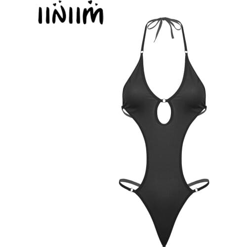 Womens Sexy Teddies Lace-Up One-Piece Swimsuits Bodysuit Ladies Halter Neck Hollow Out Bikini Body Lingerie Porno Underwear