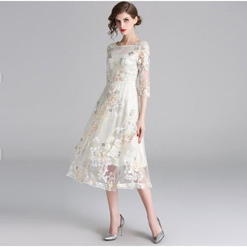 2021 New Autumn Mesh Embroidery Dress Women O-Neck Work Casual Elegant Party Dresses Vintage Long Dress Vestidos
