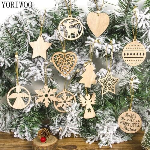 12pcs Heart Wooden Pendant Merry Christmas Decorations for Home Wood DIY Crafts Xmas Tree Ornament Natal Navidad New Year Gift