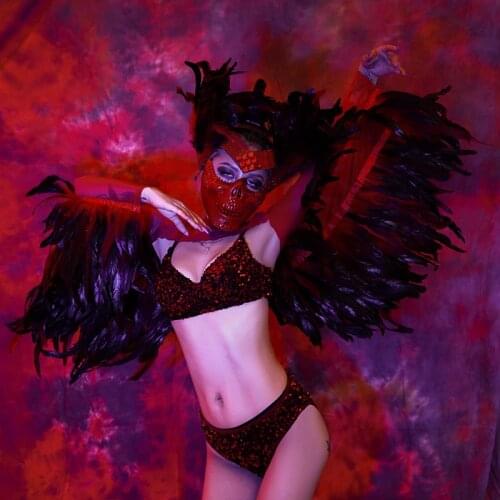Birdman Halloween Costume Festival Theme Party Sexy Outfit Women Feather Tops Sequined Bikini Singer Show Stage Clothes BL4894
