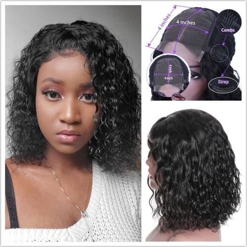 Desgirl Brazilian Water Wave Bob Wigs 4x4 Lace Closure Human Hair Wigs 150% Short Curly Bob Lace Closure Wig For Black Women