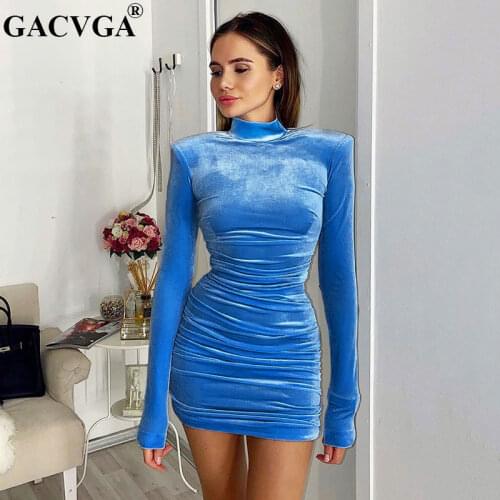 GACVGA 2020 Velvet Sexy Bodycon Dress Long Sleeve Autumn Winter Turtleneck Fashion White Black Lady Club Party Mini Dresses
