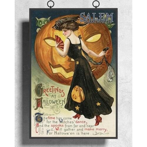 H286 Witch Dancing and Pumpkin Wall Sticker Silk Poster Art Home Decoration Christmas gift