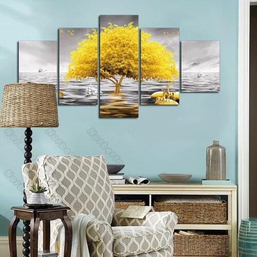 Hd Printed Frameless Canvas Painting Poster Big Yellow Tree In a Wide River Golden Deer and Stones for Home Rooms Wall Decoratio