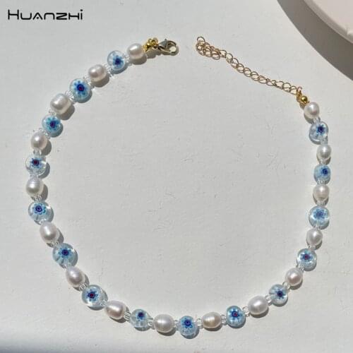 HUANZHI 2021 New Blue Glazed Beads Clavicle Chain Geometric Irregular Natural Freshwater Pearl Necklace for Women Girls Jewelry