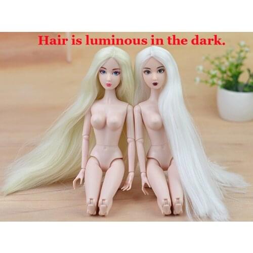 30cm Nude Naked XINYI doll Toy / Painted Eyes 14 Joint Movable / White Long Stright luminous Hair Big Breast Chest For 1/6 Doll