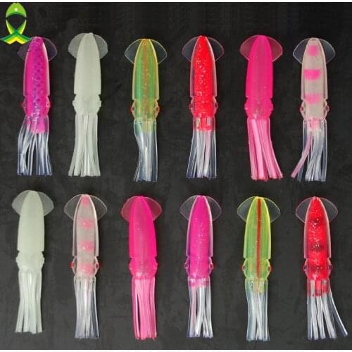 JSM 12pcs 10cm Soft Squid Fishing Lures For Jigs Mixed Color Big Game Fishing Luminous Squid Skirts Artificial Jigging Bait