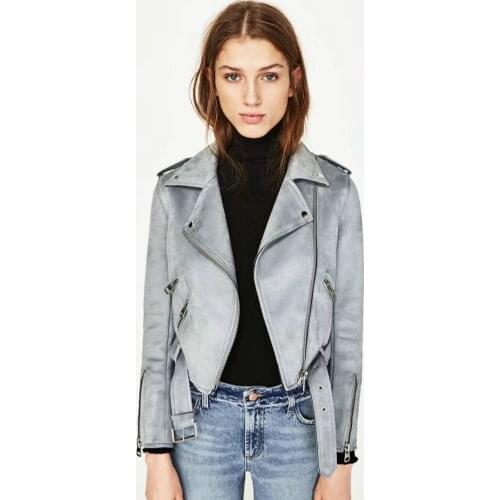 PU Leather Blue Motorcycle Jacket Female Short Oversized Faux Leather Women Moto Biker Suede Jacket Vintage Long Sleeve Coat XL