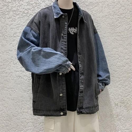 Men Jacket Spring Autumn Fashion Trendy Turn Down Collar Outwear Denim Patchwork Single-breasted Wild Tops Loose Men Clothing