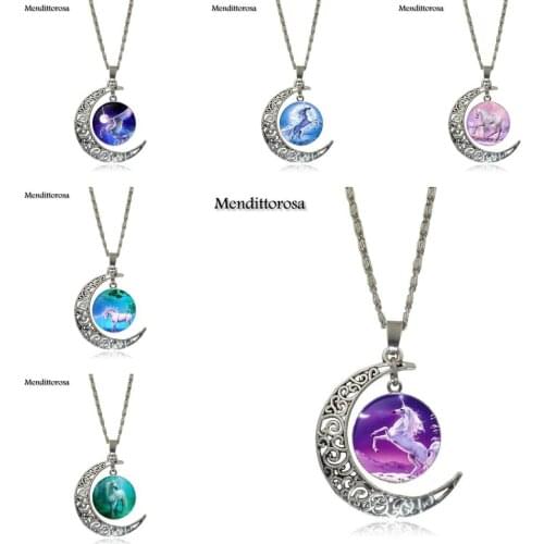 Mendittorosa Unicorn Pegasus Fly Horse Jewelry With Silver Plated Glass Cabochon Crescent Moon Choker Long Pendant Necklace