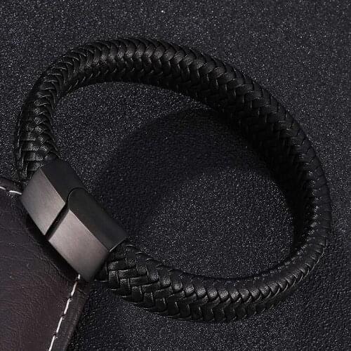 Men Bracelets Jewelry Black/Brown Braided Synthetic Leather Rope Bracelet Stainless Steel Magnetic Buckle Fashion Male Bangles