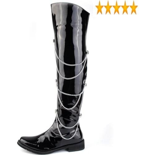 Style 2021 New Rock Punk Stage PU Leather Chain Long Men Fashion Black Over-The-Knee Motorcycle Boots Pointed Toe Shoes