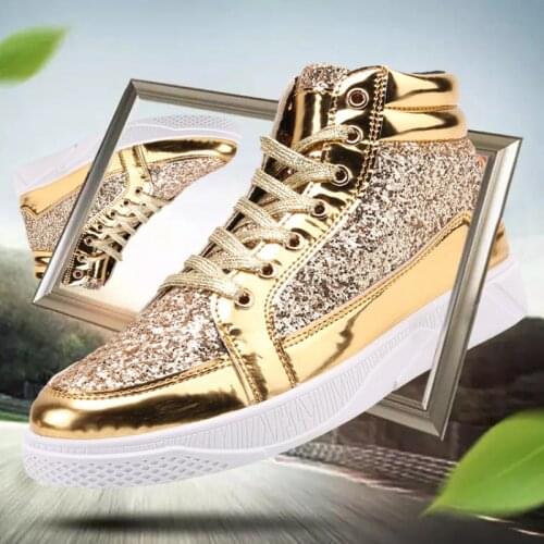 New Fashion Gold Shoes Men Casual Shoes High-top Night Club Sneaker Male Lace-up Sequins Rock Shoes zapatos hombre