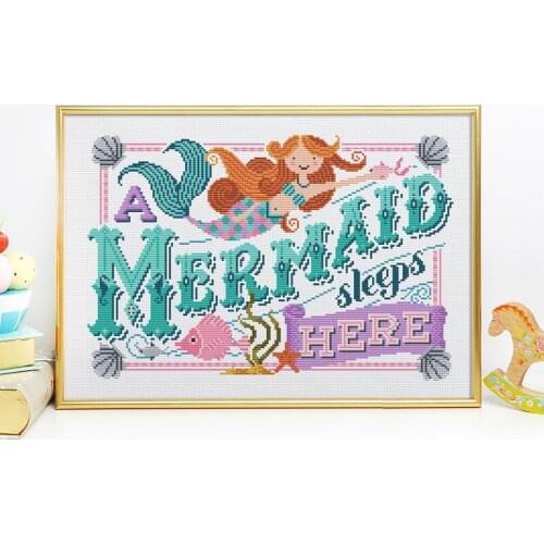 Customized Embroidery A Mermaid Lives Here Cross Stitch Kits for Beginners with 100% Cotton Floss & Free Shipping for Wall Decor