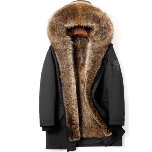 Real Fur Parka Men Winter Jacket Real Raccoon Fur Hooded Coat Natural Raccoon Fur lined Inside Jackets Mens Genuine Fur Overcoat