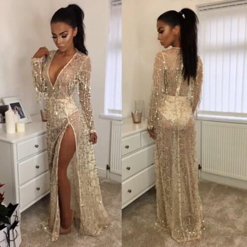 Zoulv Floral Long Sleeve Party Sequin Shiny Dress V Neck Sexy High Split Women Translucent Long Dress Sexy Women Chiffon Dress