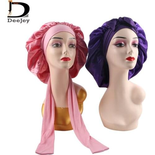 Luxury virgin hair extensions wigs double layer satin silk bonnet cap with long wide wrap head edge band