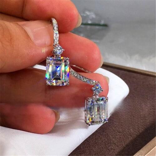 Cute Geometric Austrian Crystal Square Earrings White Gold White Zircon Stone Wedding Stud Earrings For Women Party Jewelry Cz