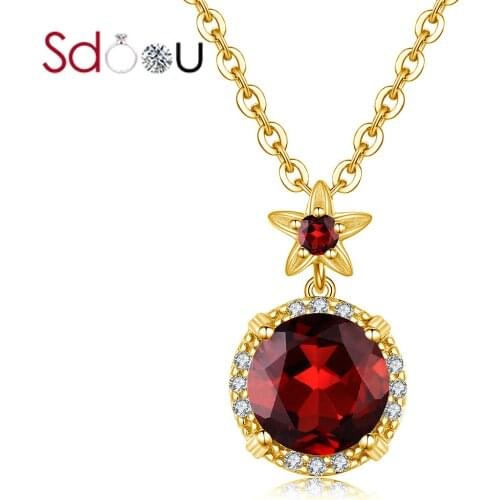 SDOOU New Jewelry 14K Gold Pendant For Women Red Garnet Gemstone Pendnat Round Flower Carved Handmade Luxury Jewelry Wholesale