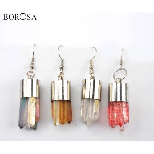 BOROSA Silver Color Aura Crystal Cluster Pendant Drop Earrings Titanium AB Druzy Quartz Point Dangle Earrings for Women WX1603