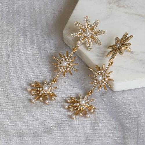 Retro Gold Color Shiny Crystal Star Statement Earrings for Women Vintage Metal Long Tassel Big Drop Earrings Wedding Jewelry