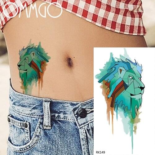 OMMGO Geometric Lion Graffiti Temporary Tattoos For Men Sticker Body Art Arm Watercolor Custom Tatoos Waterproof Fake Tattoo