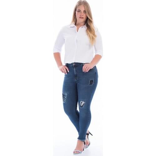Womens Plus Size Sequins Detail Jeans Trousers Blue 49108