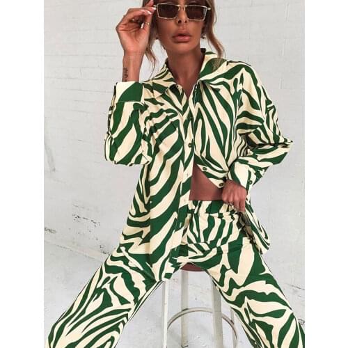 Loose Solid V-neck Women Shirt 2 Pieces Set 3/4 Sleeve Single-breasted Bandage Tops And Casual Pants Ladies Sets Summer Simple