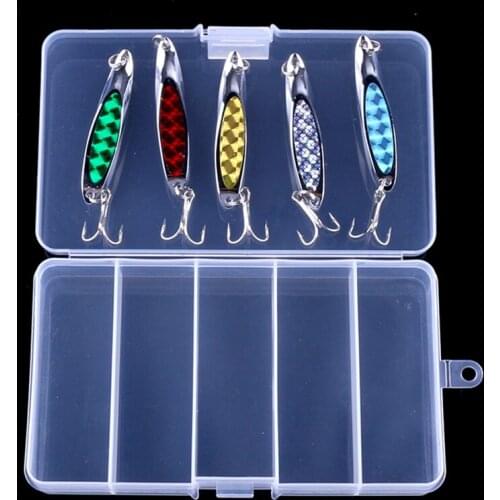 5pcs Metal Spinner Spoon Fishing Lure Hard Baits Sequins Noise Pailletter with Feather Treble Hook with Transparent Box