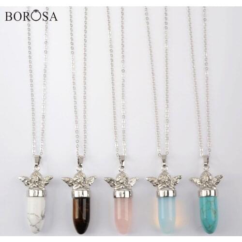 8Pcs Natural Agates Opal Pendant Necklace with Silver Plated Cupid Angel Statement Necklace for Women Wholesale WX1360-N